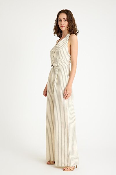 NİLİST Linen Lined Green Striped Cream Color Halter Jumpsuit