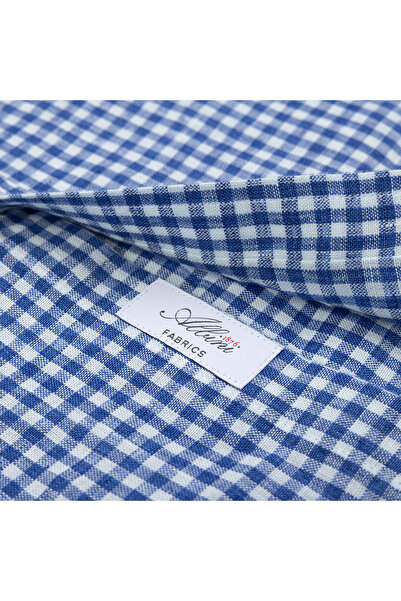 Germirli Albini Lacivert Beyaz Pötikare Düğmeli Yaka Tailor Fit Delave Keten Gömlek