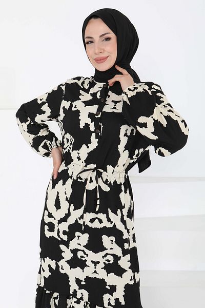 TOFİSA Patterned Buttoned Dress Black - 27189