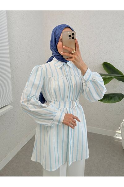 Modamorfo Thick Striped Buckle Belted Shirt - Light Blue
