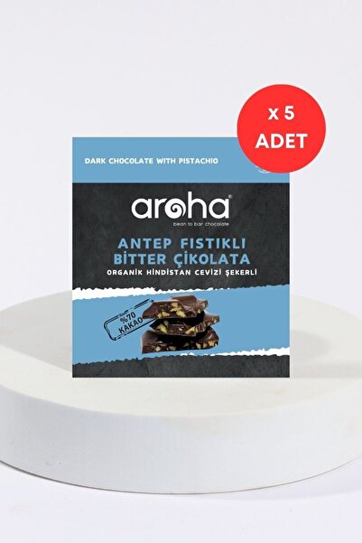 AROHA %70 Kakao Antep Fıstıklı Bitter Çikolata Organik Hindistan Cevizi Şekerli 40 Gr. X 5 Adet