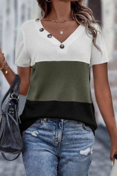 Mossta V-Neck Buttoned Color Block Blouse - White