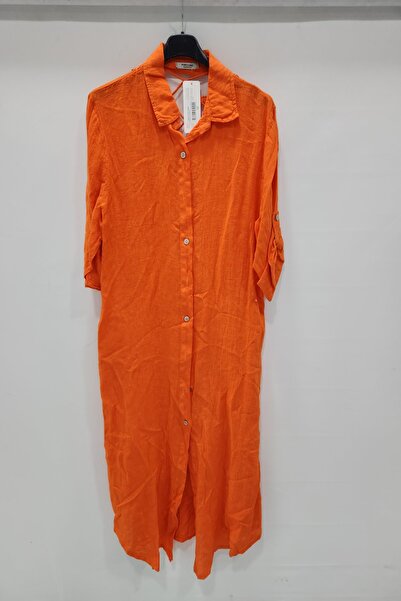 della moor Orange Italian Lace Back Foldable 3/4 Sleeve Linen Shirt Dress