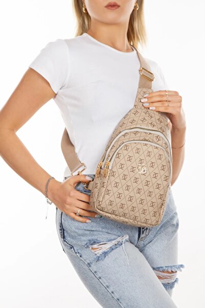 Newish Polo Kadın Bej Deri Monogram Desenli Çapraz Bel Göğüs Ve Omuz Çantası new218