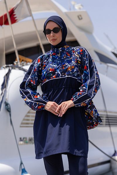 Minel Women's Navy Blue Full Covered Hijab Swimsuit Short Set of 2 K-060
