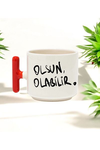 BB TRADE Red T-Handle Ceramic Printed Mug with Design 250 ml