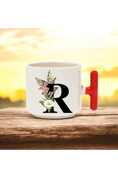BB TRADE R Letter Designed Red t Handle Ceramic Printed Mug Cup 250 ml