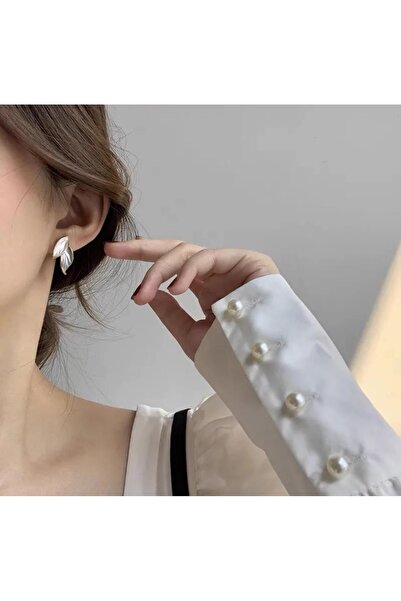 İnci Gri Beyaz Yaprak Tasarımlı Gold Çelik Küpe