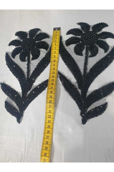 ESRA ŞELEM Black Flower Model Beaded Brode Guipure Applique Sewing Accessory 2 Pieces