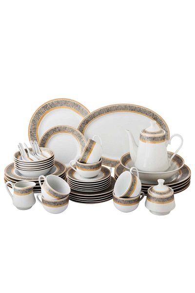 Dania Danya Dinner Set Porcelain 49 Pieces White with Golden Stripe Serves 6