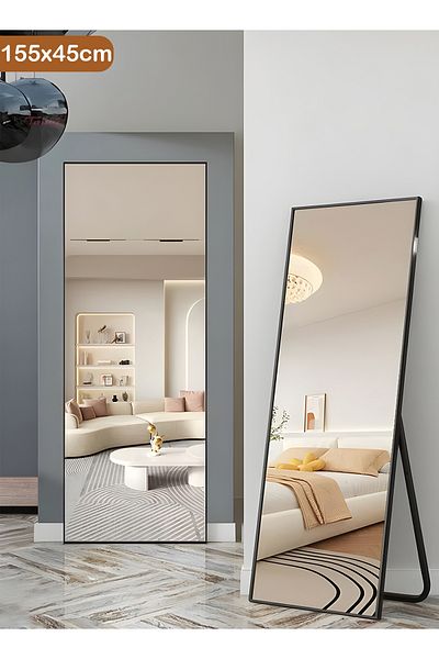 Taimi Large Mirror With Elegant Design 155x45 Cm-full Length Mirror With Black Metal Frame And Back Stand