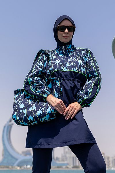 Minel Women's Navy Blue Full Covered Hijab Swimsuit Short Set of 2 K-061