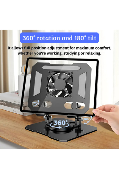 LUVLU Υποστήριξη tableta rotativ cu ανεμιστήρα, otel carbon, 4-14 ίντσες, rotire 360°, inclinare 180°, Negru