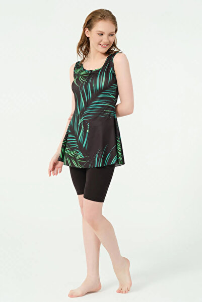 ALFASA Kadın Yaprak Desenli Sıfır Kol 4 Parça Hızlı Kuruyan Yarı Kapalı Mayo Takımı 25915-25 Siyah