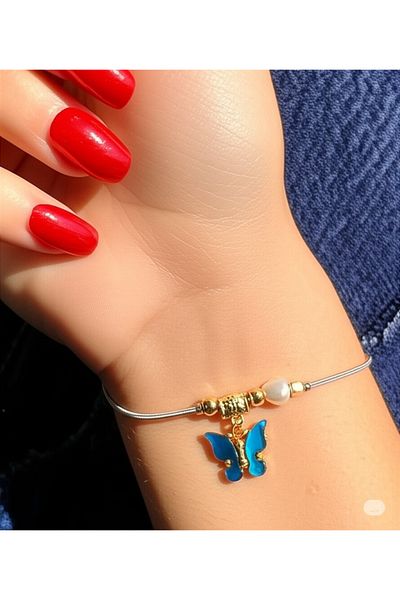 Esra Butik Hane Women's Stainless Steel Blue Butterfly Charm & Pearl Detailed Handmade Bracelet