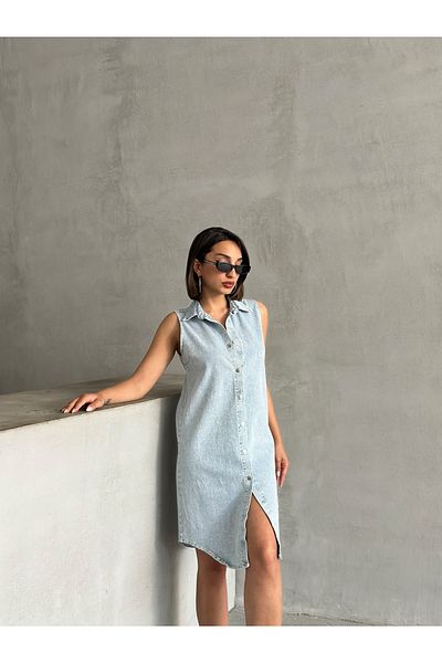 Miss Prova Floor-Length Snap Closure Embroidery Detail Zero Sleeve Denim Dress Misselb3453