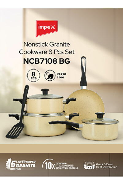 İMPEX Impex 8-Piece Granite Nonstick Cookware Set – Ivory | 3 Casseroles, Frypan & Turner (NCB 7108BG)