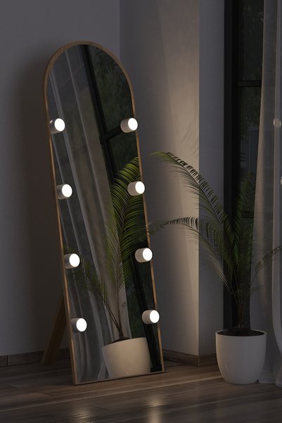 nysamo Meşe Antre Koridor Duvar Salon Banyo Wc Ofis Çocuk Yatak Odası Led Ampullü Boy Ayna 50x150cm