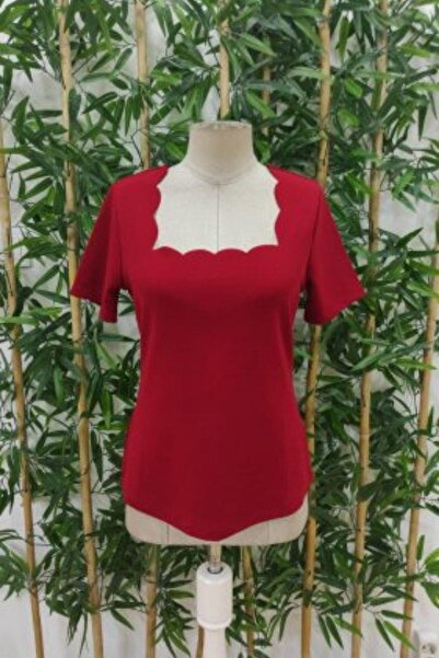 Mossta Short Sleeve Laser Collar Crepe Blouse - Red