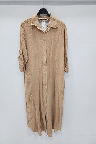 della moor Φόρεμα από λινό πουκάμισο με δαντέλα ιταλικού τύπου Camel με πτυσσόμενο μανίκι 3/4