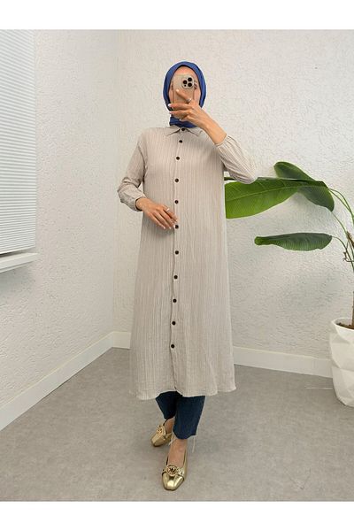 Modamorfo Long Crinkle Tunic with Buttons and Elastic Sleeves - Stone