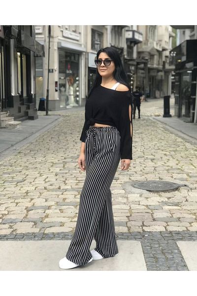 YILDIRIM GÜNGÖR Striped Palazzo Trousers with Elastic Waist