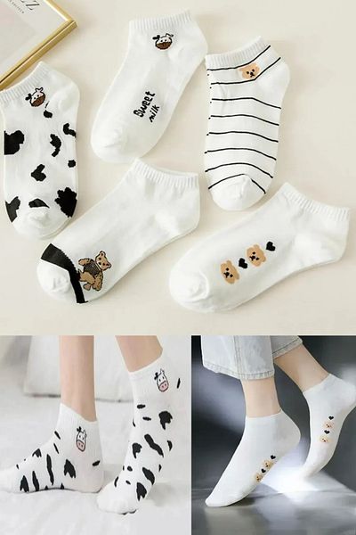 Esinti 5 Pairs Women's Ankle Length Seamless Toe White Black Teddy Bear Patterned Booties Socks Set 5 Pieces