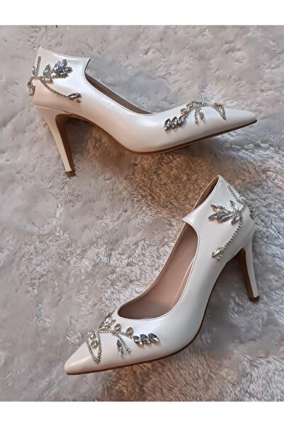 RUXENE LAVİNYA ÖZEL TASARIM GÜMÜŞ TAŞ İŞLEMELİ BEYAZ STİLETTO 8CM GELİN AYAKK...