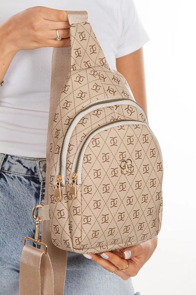 Newish Polo Women's Beige Leather Monogram Patterned Cross Waist Chest and Shoulder Bag New218