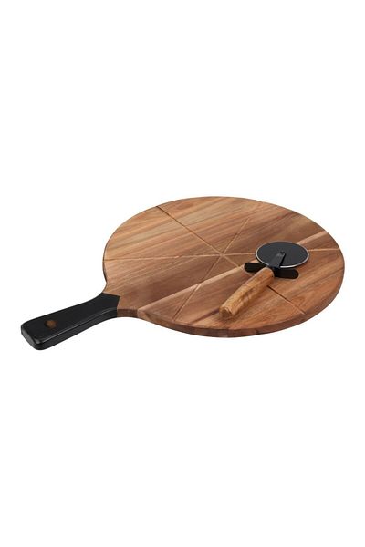 Gift Design Pizza Cutting and Serving Set – Wooden Board with Guide and Rotary Knife Included