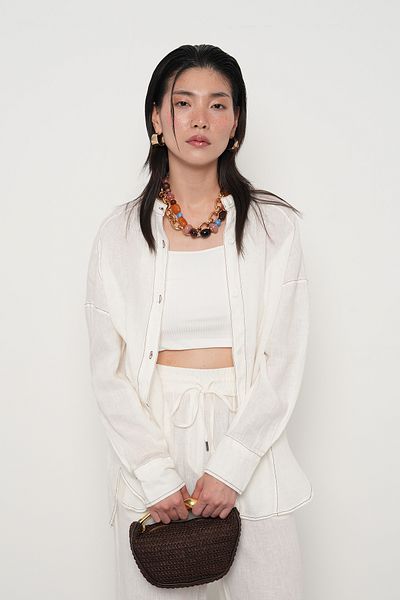 Orfeo Negro Women's 100% Linen Judge Collar Shirt with Cord Detail