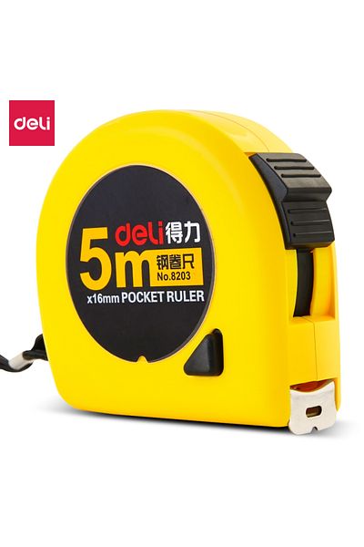 Deli 8203 Steel Measuring Tape, 5m × 16mm, Yellow – For Office & Home Measurements