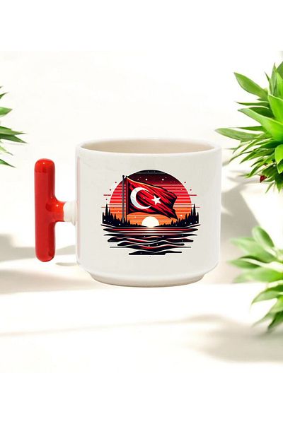 BB TRADE Turkish Flag Designed Red t Handled Ceramic Printed Mug Cup 250 ml