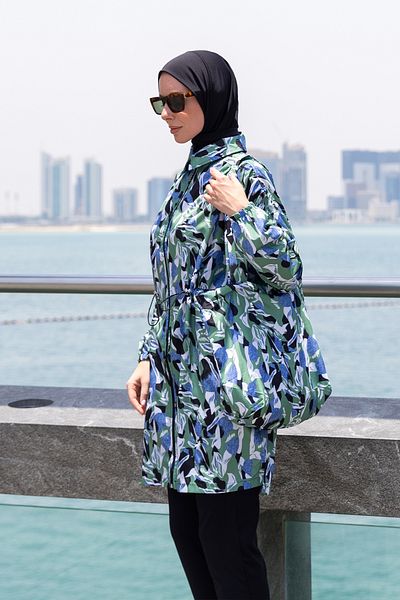 Minel Women's Blue Green Full Covered Hijab Swimsuit Short Set of 2 K-056