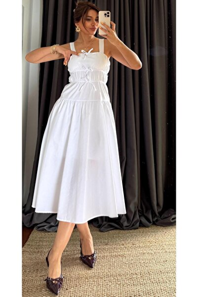 Daves فستان متوسط ​​الطول بياقة مربعة وأكمام قصيرة مصنوع من قطن البوبلين بنسب...