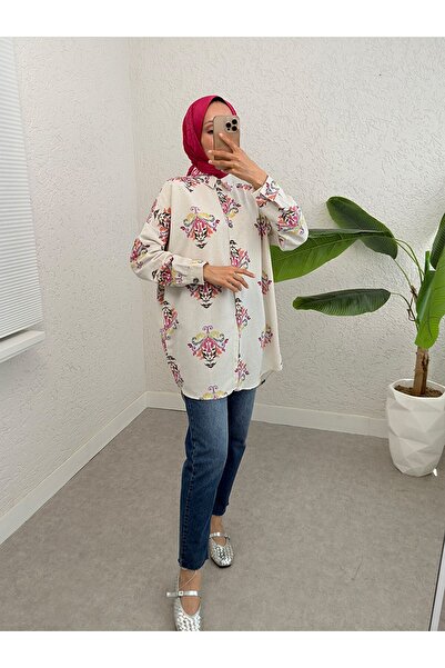 Modamorfo Hosszú gombos mintás Oversize vászon tunika -rózsaszín