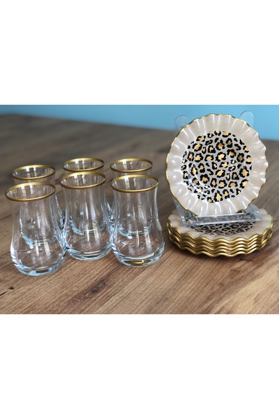 B&M Leopar Desenli Kıvrımlı 6 Kişilik Çay Seti 12 Parça
