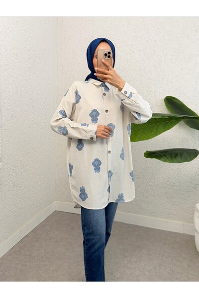 Modamorfo Indigó túlméretezett vászontunika - hosszúságú gombokkal és mintával