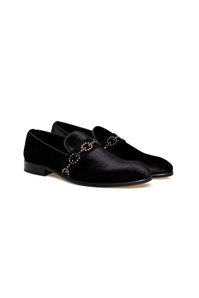 Butik Black Color Laceless Genuine Leather Velvet Stone Men's Shoes