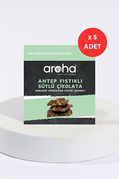 AROHA Antep Fıstıklı Sütlü Çikolata Organik Hindistan Cevizi Şekerli 5'li Paket (40 G X 5 Adet)