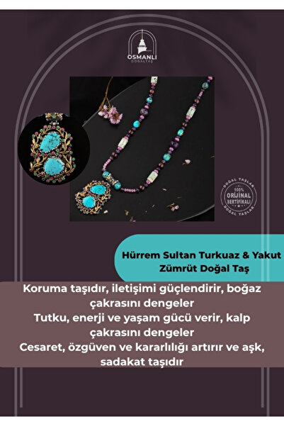 OSMANLI DOĞAL TAŞ Sertifikalı Hürrem Sultan Turkuaz & Yakut & Zümrüt Doğal Taş 925 Ayar Gümüş Kolye