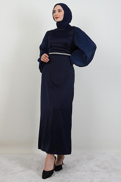 GİYZAMİLA Φόρεμα Yoryo με πέτρες στα μανίκια Navy Blue