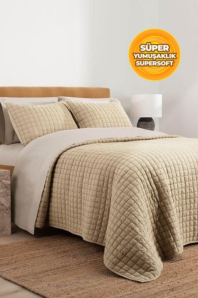 Evlen Home Collection 100% Cotton Double Bedspread Set Stone Washed 3 Piece Fiber Filled Soft Joy Beige