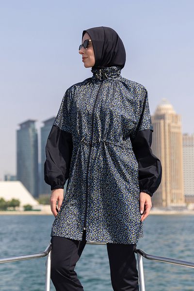 Minel Women's Mustard Black Full Covered Hijab Swimsuit Short Set of 2 -063