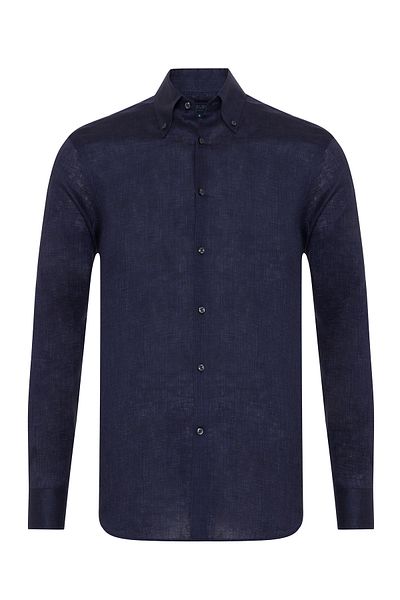 Germirli Navy Blue Thomas Mason Non Iron Button Collar Tailor Fit Linen Shirt