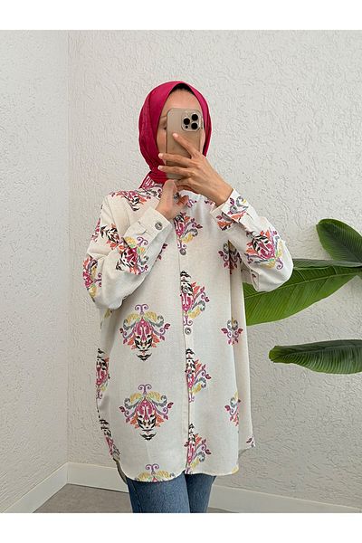 Modamorfo Buttoned Patterned Oversize Linen Tunic -Pink