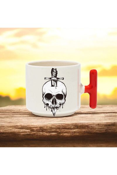 BB TRADE Red t Handle Ceramic Printed Mug with Skull Design 250 ml