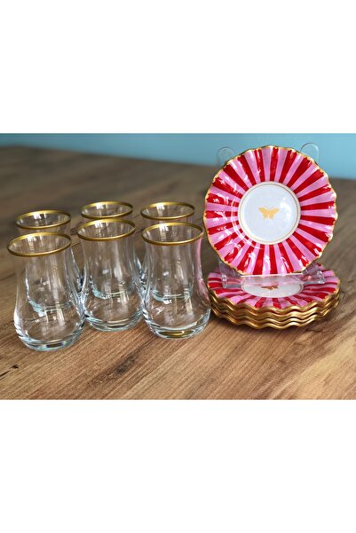 B&M Pink Candy Butterfly Desenli Kıvrımlı 6 Kişilik Çay Seti 12 Parça