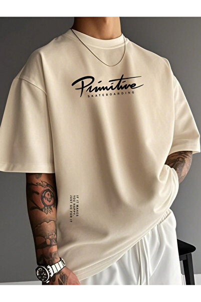 EFFRENATU Primitive Skateboard Printed Cotton Fabric Crew Neck Beige Short Sl...