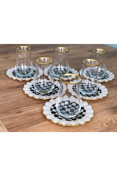 B&M Checkerboard Patterned Curved Tea Set for 6 People 12 Pieces